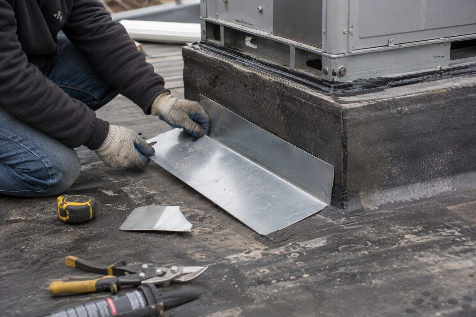 Roofing Rehab crew member fabricating metal flashing around a rooftop HVAC unit