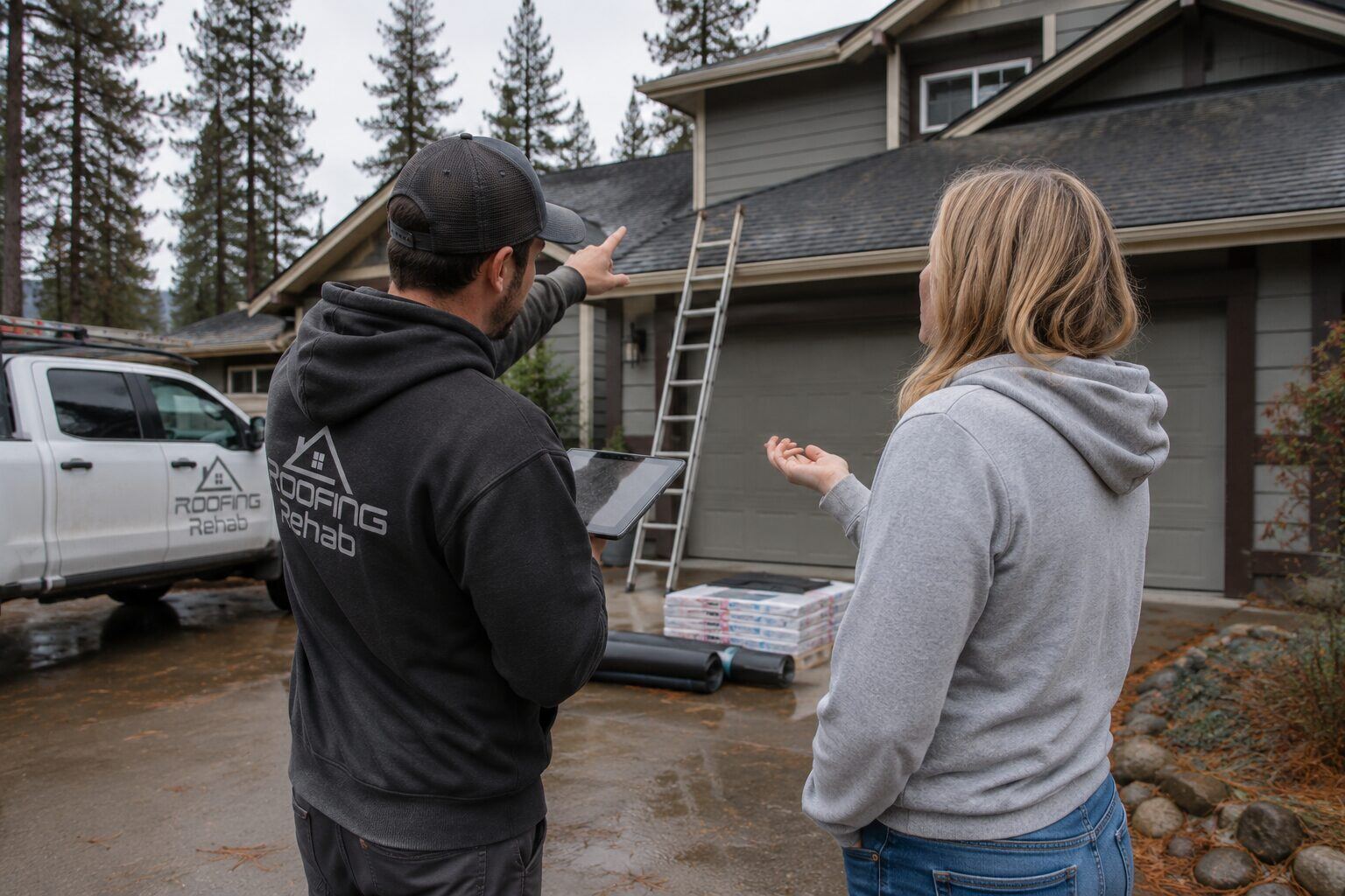 Roofing Rehab technician walking a homeowner through inspection findings in their driveway