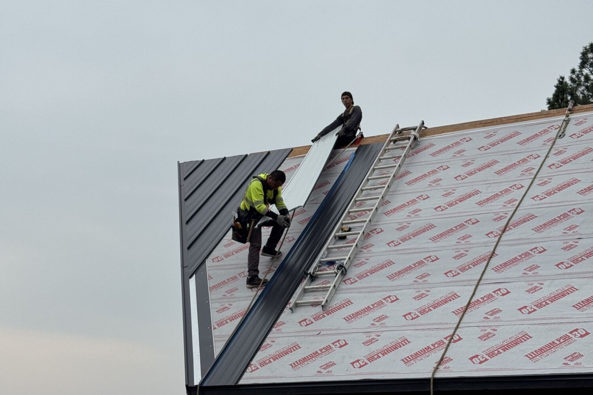 Roofing Rehab crew installing standing seam metal roofing