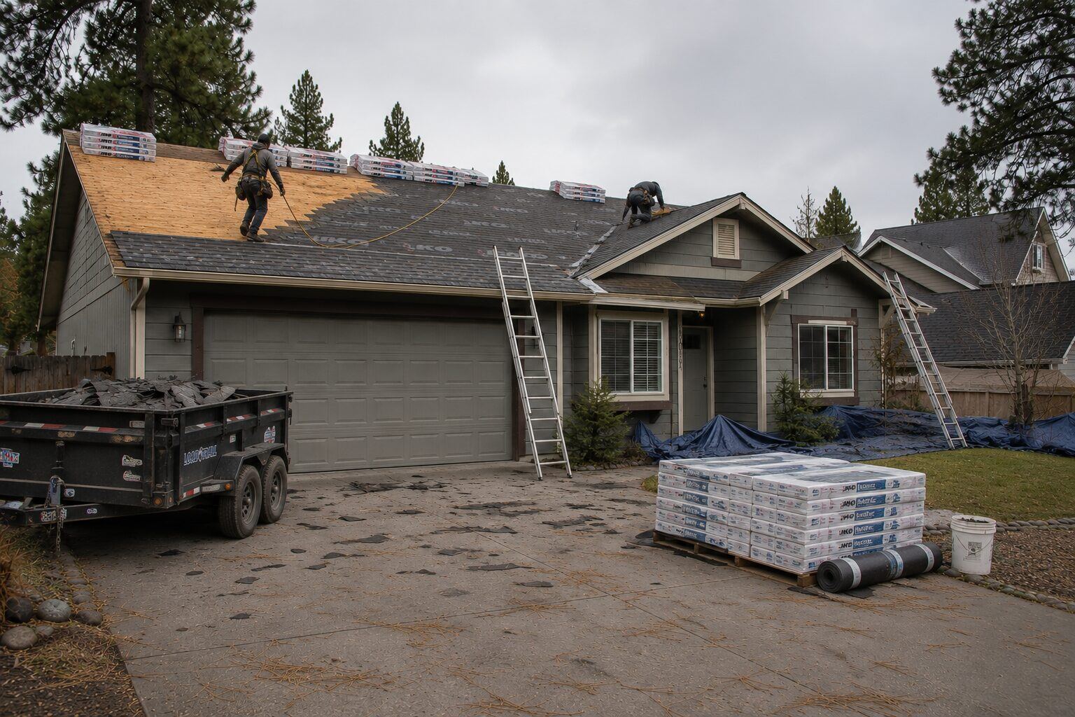 Roofing Rehab crew tearing off old shingles and installing new underlayment mid-project