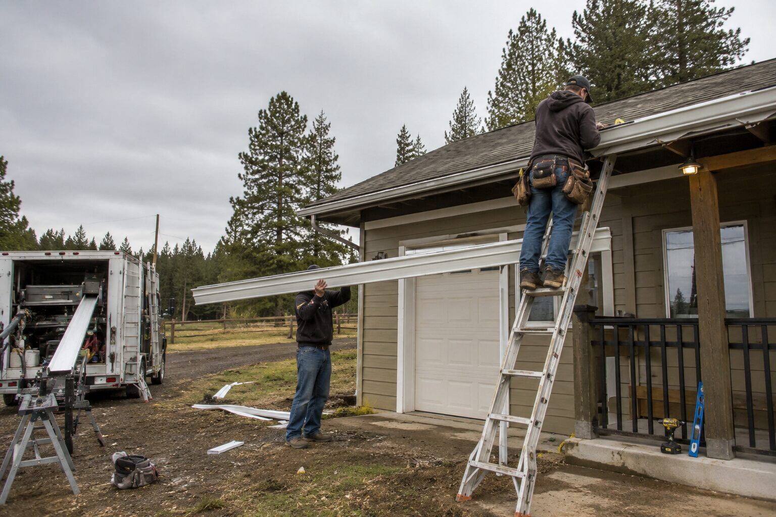 Roofing Rehab crew installing new seamless gutters on a North Idaho home