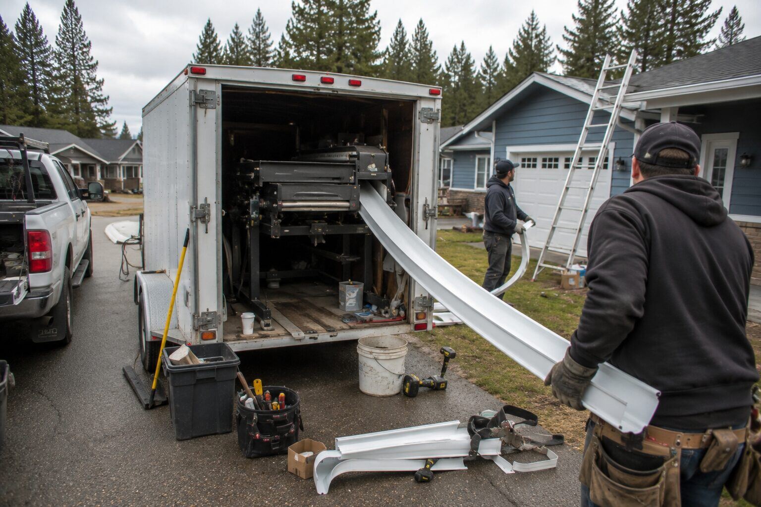Seamless gutter being formed on-site from the Roofing Rehab gutter machine