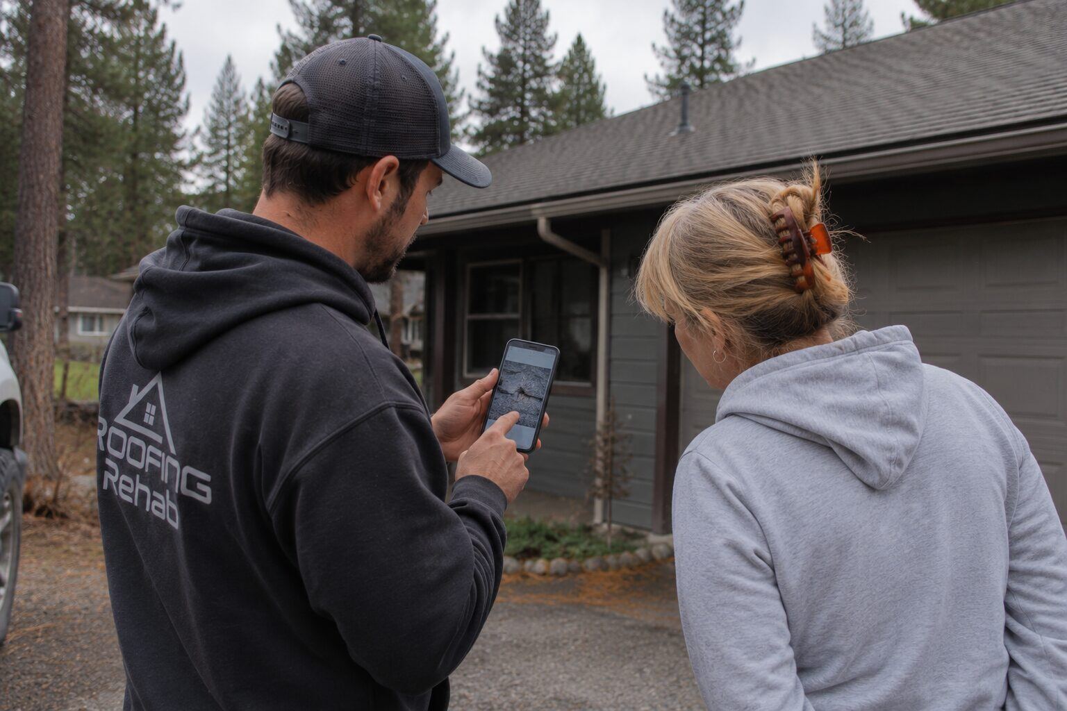 Roofing Rehab technician showing a homeowner photos of roof damage found during inspection